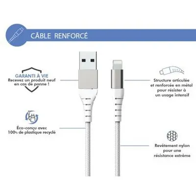 Immagine prodotto di Force Power, Cavo USB-A/Lightning rinforzato, 2 m - 2,4 A, Bianco, Bianco