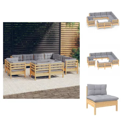 Produktbild von vidaXL 11-tlg. Garten-Lounge-Set mit Grauen Kissen Massivholz Kiefer -  Gartenmöbel-Sets