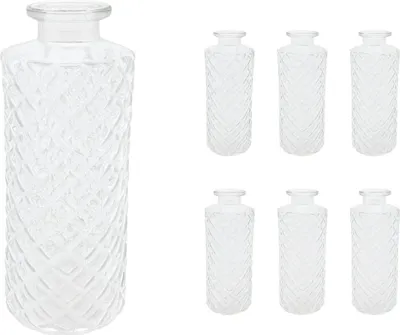 Produktbild von Relaxdays Vasen 6er Set, Rautenmuster, Vintage, Glas, HxD: 13 x 5 cm, Minivasen Tischdeko, kleine Dekovasen, transparent