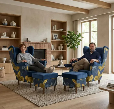 Produktbild von 2er-Set Ohrensessel ARI Print DUO – Hocker mit Stauraum, Webstoff in Blau, Family Meble, KI-generiertes Bild