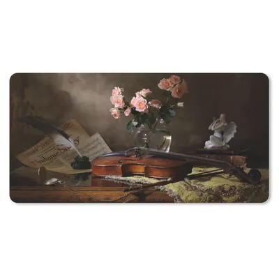 Produktbild von MuchoWow® Mauspad Mousepad Violine - Rosen - Rosa - Blumen - Stilleben 60x30 cm - Mousepads - Maus Mat - Pad - Mausunterlage - Nachhaltig