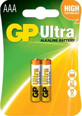 A package of GP Ultra AAA alkaline batteries.
