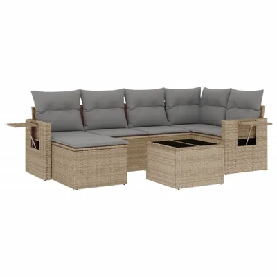 Produktbild von vidaXL 7-tlg. Garten-Sofagarnitur mit Kissen Beige Poly Rattan