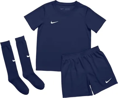 A flat lay of a children's Nike soccer uniform set.