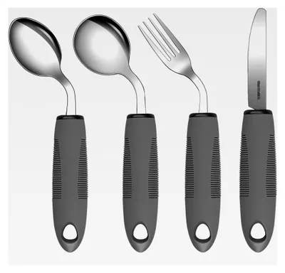 Produktbild von 4-teiliges Easy Grip Besteck mit 42° Winkel und dickem Griff für Menschen mit Handzittern, Arthritis und Parkinson