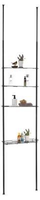 Produktbild von Duschablage DUNJA ohne Bohren, Schwarz, Duschregal, Metallgestell, ausziehbar, 3 Regalböden, 1 Korb. Höhenverstellbar, einfache Installation. Teleskopstange für flexible Anpassung. Ideal für Badezimme