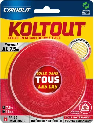 Image de Ruban adhésif double face - CYANOLIT - Ruban Koltout XL - 7,5 m x 19 mm - Forte adhérence - Discret et durable