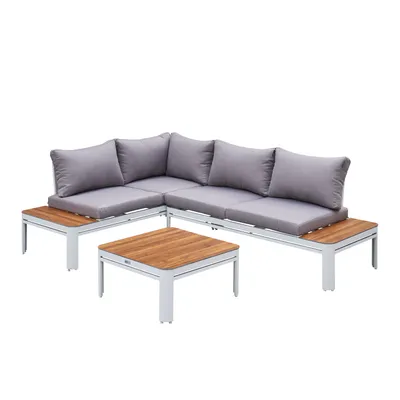 Image de AXI Eos Salon de jardin avec chaise longue intégrée | Ensemble de salon extérieur en aluminium & PSPC en Blanc & look bois | Ensemble Table et