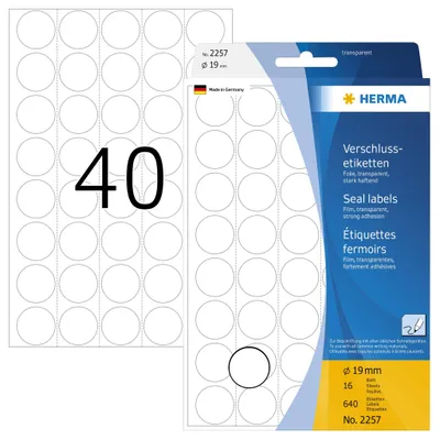 Produktbild von Verschlussetiketten transparent Ø 19 mm rund extrem stark haftend Folie matt 640 St.