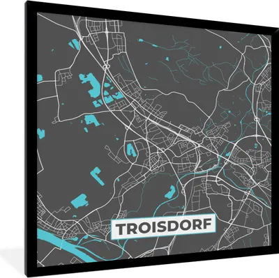 Produktbild von MuchoWow® Gerahmtes Poster Troisdorf - Stadtplan - Blau - Karte - Deutschland 40x40 cm - Poster mit Schwarzem Bilderrahmen Wandposter Rahmen Foto Bilder - Mit Rahmen - Wanddekoration Schlafzimmer