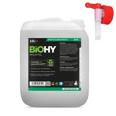 Produktbild von BIOHY Sanitärreiniger (10l Kanister) + Auslaufhahn | Kalkzersetzendes Konzentrat für den Sanitärbereich | Badreiniger mit angenehme & frischen Duft | EXTRA STARK