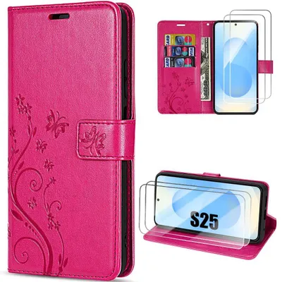 Image de Coque + 2 Verres Trempés pour Samsung Galaxy S25, Protection Antichoc Cuir Synthétique Motif Relief Papillon Fuchsia