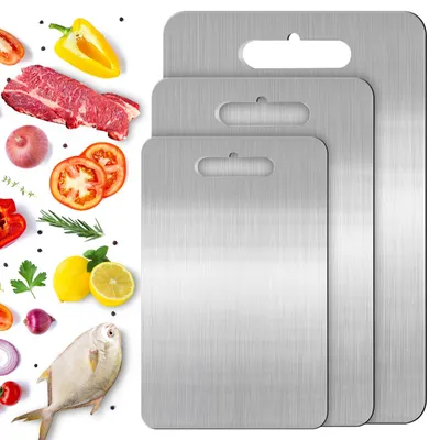 Produktbild von Set mit 3 Titan-Schneidebrettern – Schneidebrett aus Titan-Edelstahl, Schneidebrett aus Titanmetall, Edelstahl-Schneidebrett zum Schneiden von Fleisch, Obst und Gemüse in der Küche