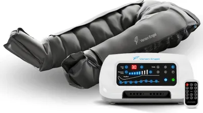 A medical compression device for legs and a control unit are shown on a white background.