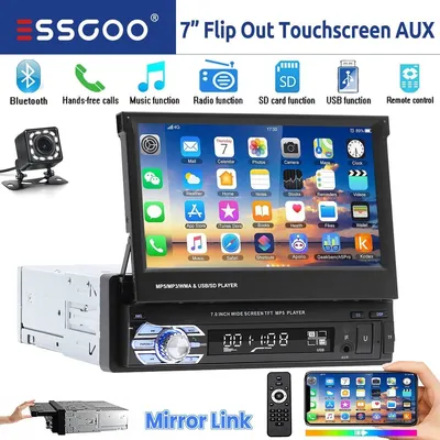 Imagen del producto de Radio para coche de 1 DIN, pantalla táctil de 7 pulgadas, con Bluetooth, manos libres, USB, lector de tarjetas TF, entrada AUX, radio FM, cámara de visión trasera, función Mirror Link, 4x60 vatios, 12V, compatible con la mayoría de los vehículos