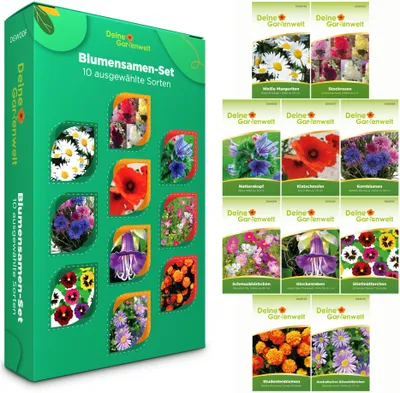 Produktbild von Blumensamen Set - 10 Sorten Samen - Saatgut Sortiment - Anzuchtset für Blumen - Geschenkset - Margerite, Stockrosen, Cosmea, Mohn und mehr