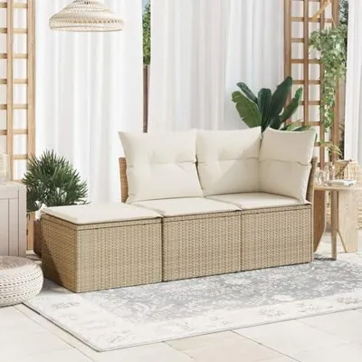 Produktbild von Beiger Gartenhocker aus Poly-Rattan mit Kissen, 55x55x37 cm, wetterfest, mit Stauraum und abnehmbarem Bezug für Terrasse, Balkon und Garten