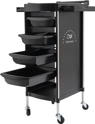 Zdjęcie produktu dla Wózek fryzjerski 6-poziomowy – z kółkami – 36×37×85 cm – nośność 50 kg – PP i stal nierdzewna – czarny