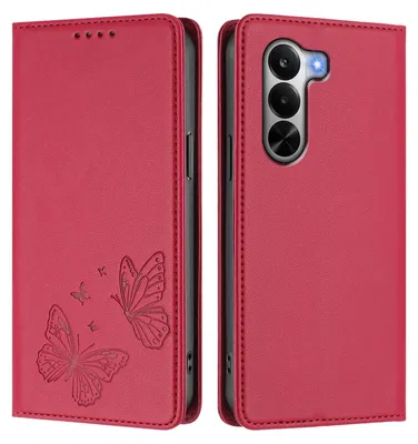 Image de Étui en cuir pour Realme P4x, étui de protection type portefeuille en cuir gaufré motif papillon avec support, rouge