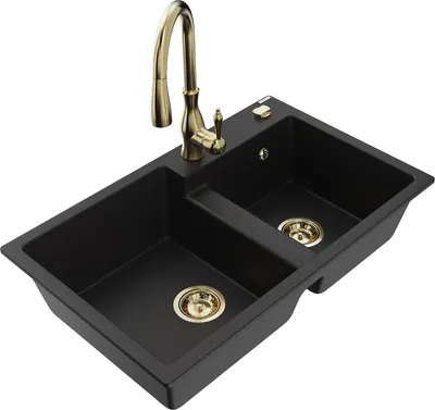 Produktbild von Mexen Tomas 2-Becken-Granitspüle mit Mischbatterie Savita, Schwarz - 6516-77-672601-50
