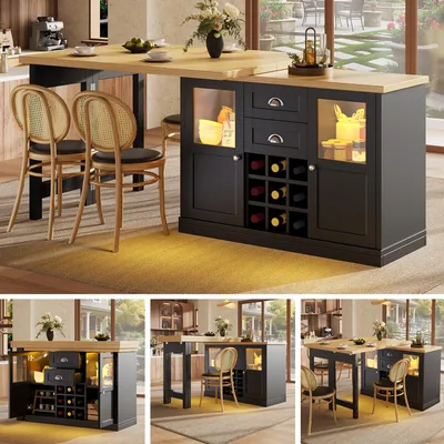 Produktbild von Sideboard mit 360° drehbarer ausziehbarer Tischplatte 120-197cm, LED-Beleuchtung & Weinregal, Moderner Küchenschrank mit Glasschiebetüren, Weiß