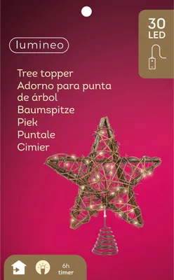 Produktbild von LED Christbaumspitze Stern mit Timer 30cm Rattan Braun / Warmweiß