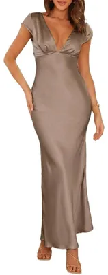 Produktbild von Halfisland, Sommerkleid aus Satin, Mit V-Ausschnitt und kurzen Ärmeln, Für Damen