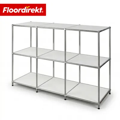 Image de Étagère métallique Floordirekt Concept Epure MK-018, L 116 × P 40 × H 82 cm, blanche, buffet et meuble bas avec 3 étagères ouvertes, structure en métal chromé