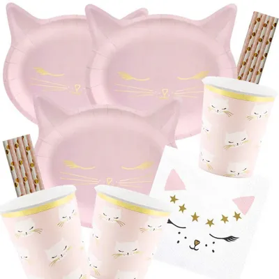 Produktbild von 56-teiliges Geburtstagsset für Kinder - Katzen-Thema Teller, Becher und Servietten