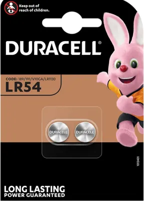 A package of Duracell LR54 batteries featuring the Duracell bunny mascot.