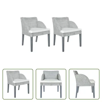 Produktbild von The Living Store Esszimmerstühle mit Kissen 2 Stk. Grau Natur Rattan