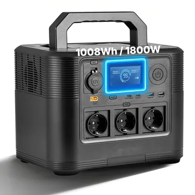 Obrázek produktu pro Přenosná powerbanka – solární generátor – výkon 1800 W – kapacita 1008 Wh – LiFePO4 baterie – s 8 výstupy – pro nouzové napájení, kempování a karavany – bez solárního panelu