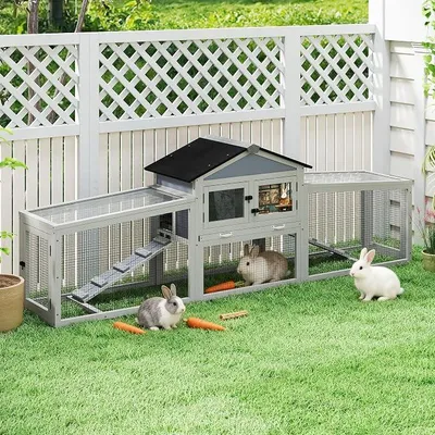Imagen del producto de Gran jaula para conejos de 207x47x82 cm, con recinto exterior y refugio resistente a la intemperie, jaula de dos pisos fabricada en madera de abeto para conejos y otros animales pequeños