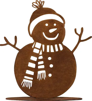 A cutout of a brown metal snowman decoration with a scarf and hat, set against a white background.