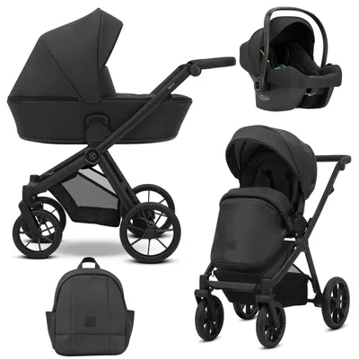 Immagine prodotto di Carrozzina Kunert BRAV 3in1 in ecopelle nera con ruote in gel e seggiolino auto Cosmo