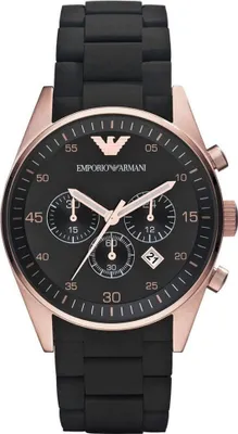 A close-up studio shot of an Emporio Armani chronograph watch with a black rubber strap and rose gold case.
