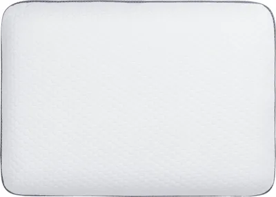 A white pillow with a textured surface and a gray border.