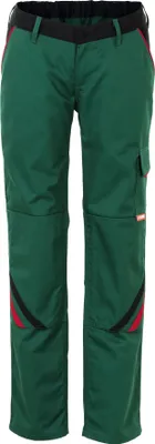 A pair of green work pants with black and red accents.