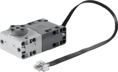 A LEGO Powered Up Winkelmotor, groß (angle motor, large) is shown on a white background. A black cable with a clear connector is attached to the motor.