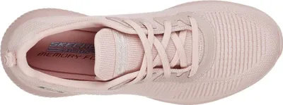 A top-down view of a pink Skechers Bobs Squad Tough Talk sneaker.