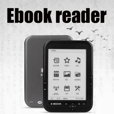 An ebook reader is shown in front of a textured background with birds flying.