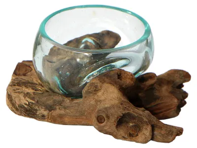 Glazen schaal Ø 7-8 cm op wortelhout, handgemaakt, Dekoschale XS