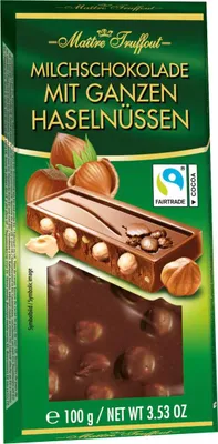 Produktbild von Maitre Truffout Milchschokolade mit ganzen Haselnüssen 100g