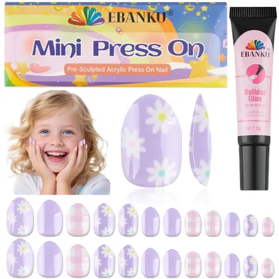 Productafbeelding van Kunstnagels voor kinderen, 24 stuks, paars met bloemen, zelfklevende nagels, kort, kunststof (ABS), 12 verschillende maten
