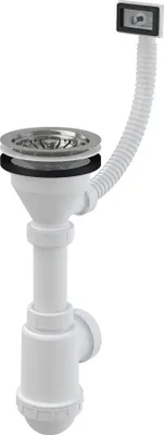 Produktbild von Alcadrain Spülbeckensiphon mit einem Edelstahlgitter DN115 und einem Flexiwasserüberlauf