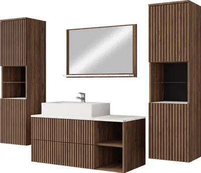 Produktbild von MIRJAN24 Badmöbel Kertos Rillen III, 5er-Set Badmöbel-Set, Spiegel, Waschbeckenschrank, Waschbecken, Fronten gefräst, Spihon (Farbe: Nuss Warmia / Nuss Warmia Rillen + Marmor Bianco)