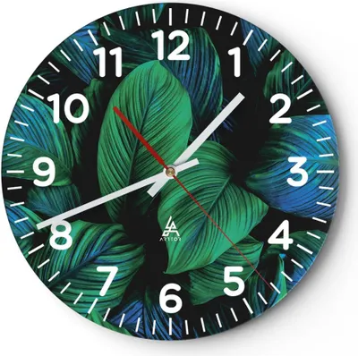 Produktbild von Wanduhr - Rund - Glasuhr - Blätter Pflanzen Exotik - 40x40cm - Schleichendes Uhrwerk - Lautlos - zum Aufhängen bereit - Dekoration Modern - Wanddekoration aus Glas - C4AR40x40-5066