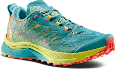 Trailrunning-Schuhe für Damen; Modell "Jackal II Woman" von La Sportiva in Türkis und Gelb.