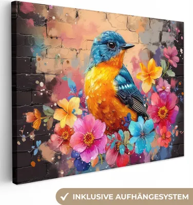 Produktbild von MuchoWow® - Leinwandbilder - Graffiti - Vogel - Blumen - Straßenkunst, Wandbild, Wanddeko Bilder Wohnzimmer, 80x60cm