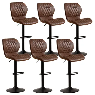 Zdjęcie produktu dla Krzesło barowe z oparciem, obrotowe o 360 stopni, z regulowaną wysokością, obita sztuczną skórą PU, kolor brązowy, zestaw 6 sztuk